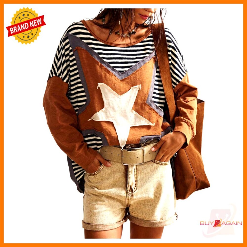 Striped Star Patchwork Crew Neck Drop Shoulder Ov… - image 1
